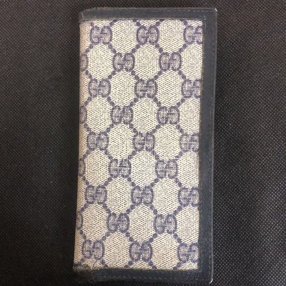 M GUCCI GG Web Navy Blue Grey Coated Canvas Leather Long Bifold Wallet Vintage - Picture 13 of 15